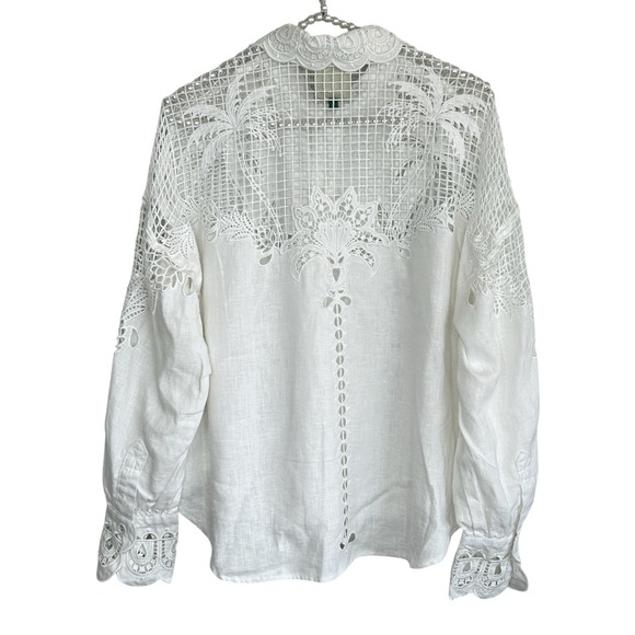 Farm Rio White Palms Linen Top XS Cottage Sheer Lace Embroidered Long Sleeve NEW - Picture 3 of 14